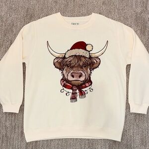 NWOT Highland Cow Christmas Long Sleeve Pullover Cream Sweater Festive Bull